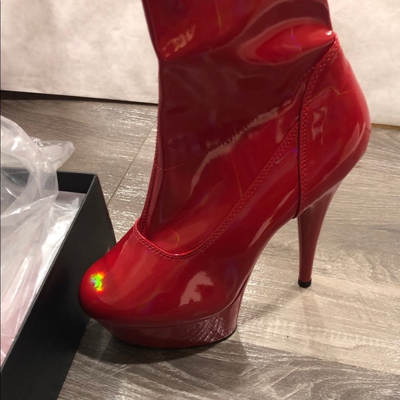 Pleaser Delight 3000 Hologram Red Patent Leather Thigh Over- Knee-High Boots New - Picture 7 of 11